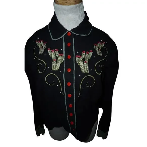 Collectif London Western Cactus Embroidered Shirt Black Red Buttons Size S UK 10 - Picture 4 of 12